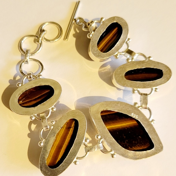 Natural Genuine Tiger's Eye 925 Silver Linked Bracelet - Picture 10 of 14